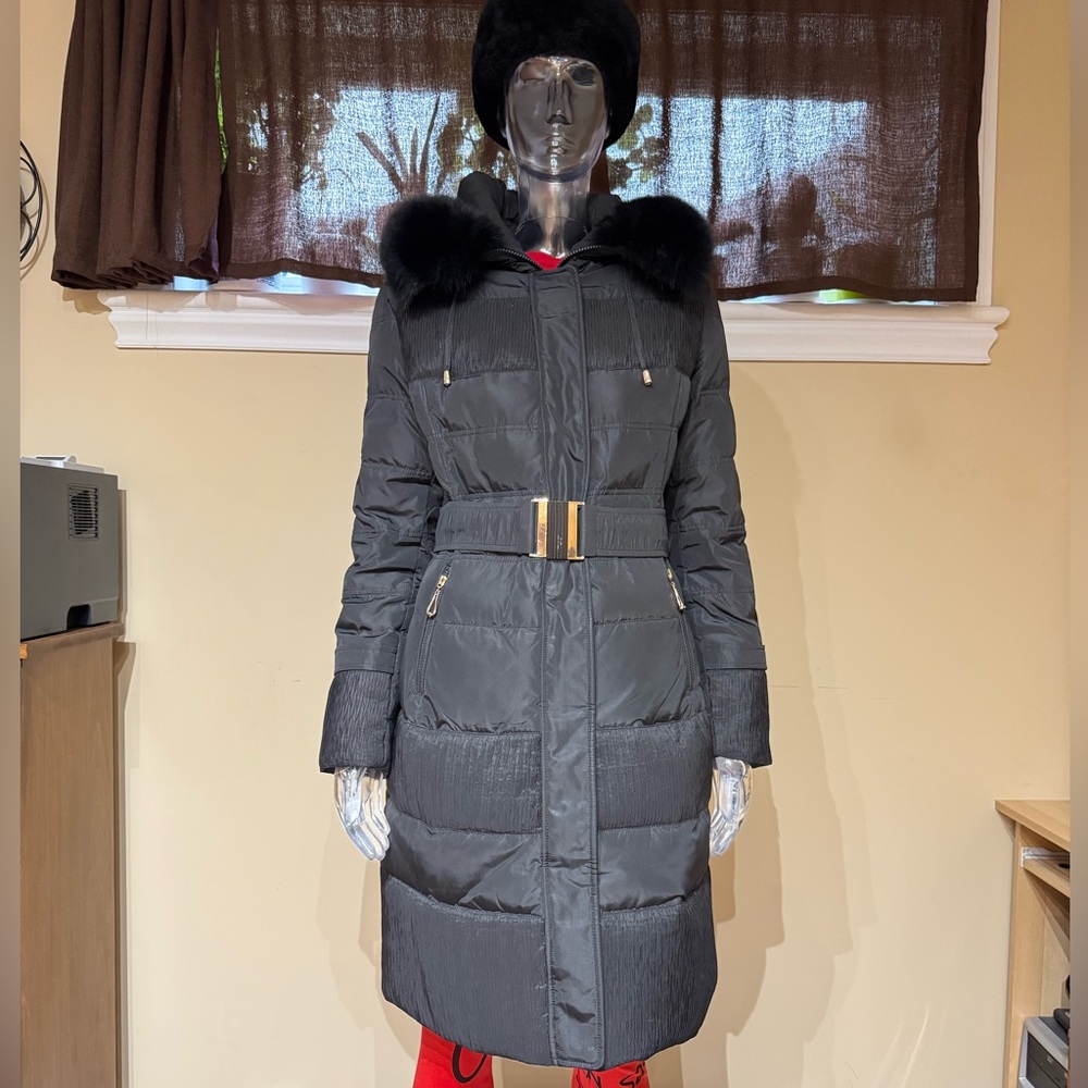 Black Puffer Coat with Fur Trim